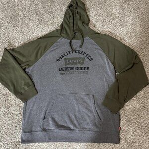 Levis Hoodie Sweatshirt Mens XL Gray Green Daffy Raglan Denim Goods Logo Fleece